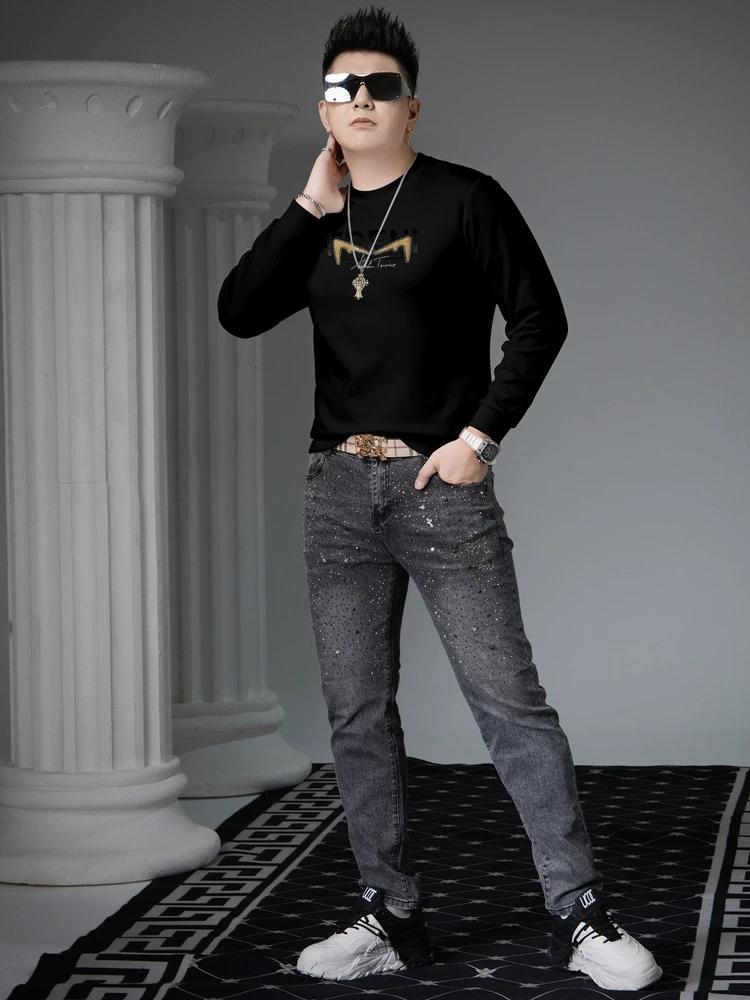 European Goods 2025 Autumn New Trendy Brand Letters Hot Drilling round Neck Hoodie Men's Trendy Bottoming Shirt Long sleeve Top Men