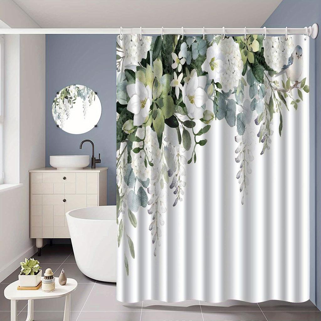 1Pc Plant Leaves And White Floral Shower Curtain, Polyester Fabric, Machine Washable, With Hooks, Suitable For Bathroom