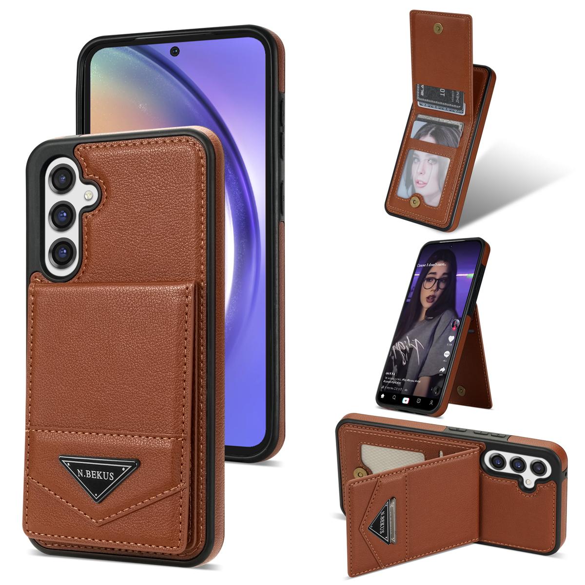 

N.BEKUS For Samsung Galaxy S25 Case Leather+TPU Kickstand Phone Cover with Card Holder Brown