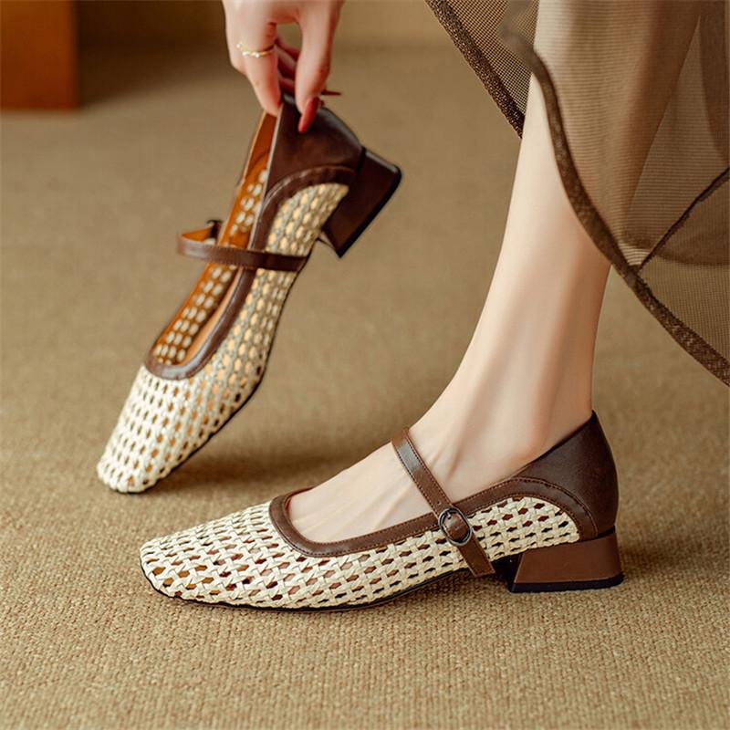 Fashion Summer Hollow Out Women Pumps Mary Jane Shoes for Women Square Toe Gladiator Shoes Fashion Mixed Color Low Heel Zapatos Mujer