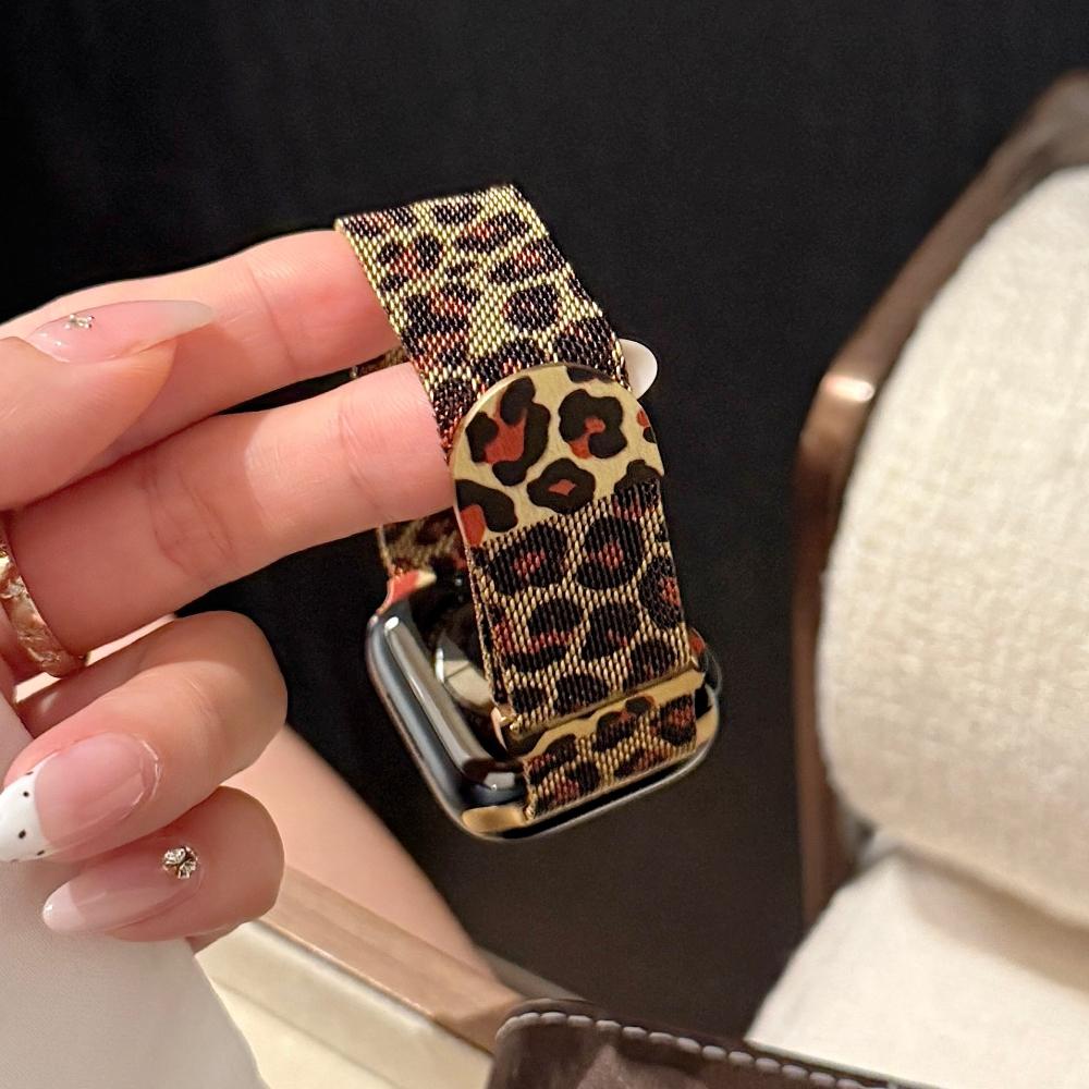 Milanese Loop strap For Apple watch band 46mm 45mm 44mm 40mm 41mm Leopard Print Magnetic bracelet for iWatch Series 11/10/9 8 7 6 SE3/Ultra 2 3 4 49mm
