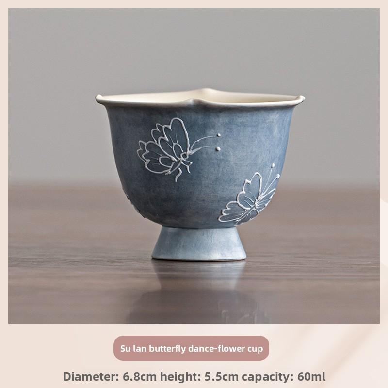 Hand Painted Ceramic Flower Tea Cup with 3D Butterfly High Foot Blue Porcelain Tea Set for Personal Use