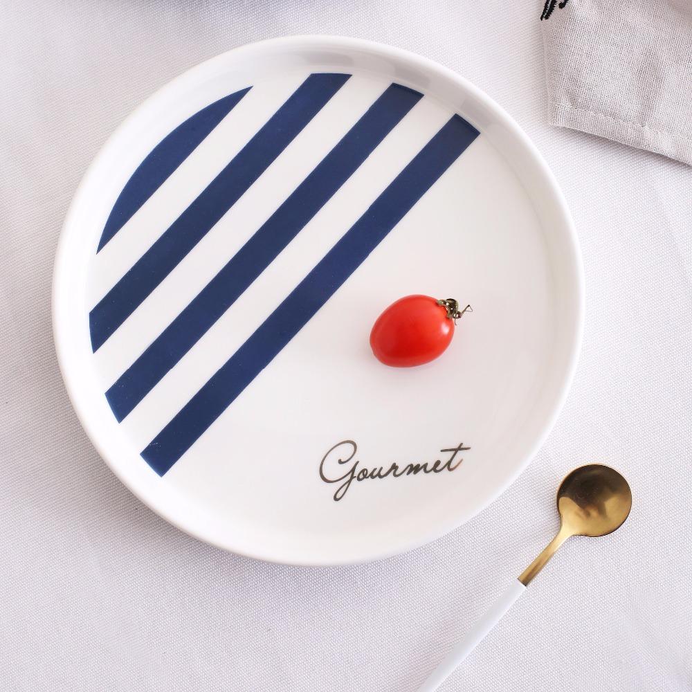 1pc European Style Salad Plate Blue Ceramic Dinner Dishes Gold-rimmed Dinnerware Pasta Rice Plate Dish 8 inch