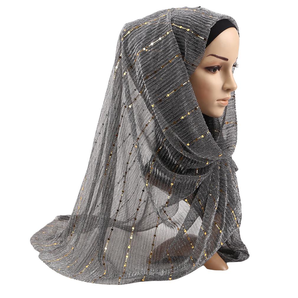Women Gold Sequins Hijab Scarf, 70x180cm Polyester Shawl Head Cover Daily Wear