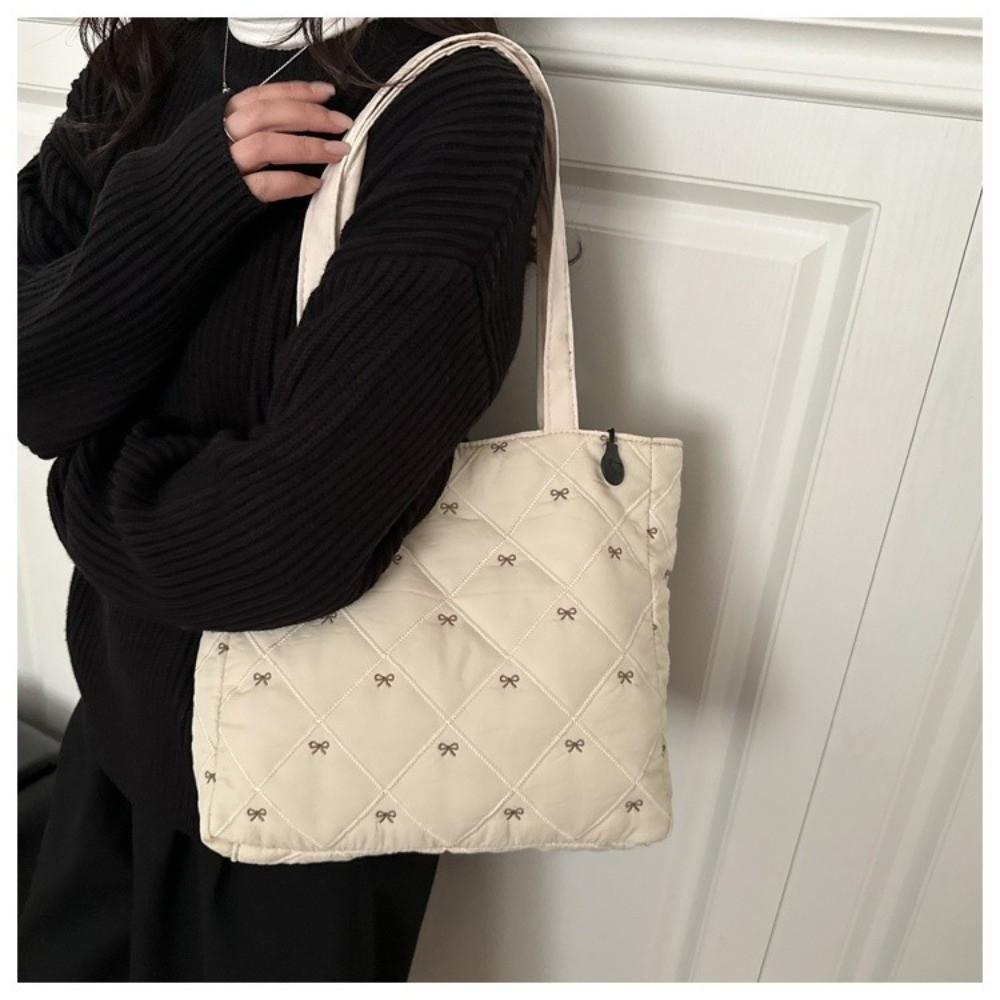 Casual Large Capacity Quilted Tote Bag Solid Color Argyle Pattern Shoulder Bag Bow Embroidery Lightweight Handbag