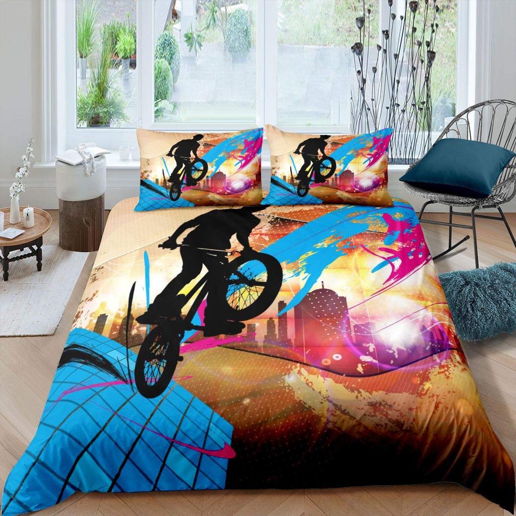 Bicycle Duvet Cover Set Motocross Racer Bedding Set King Size Mountain Bike Comforter Cover Extreme Speed Sports Bedspread Cover
