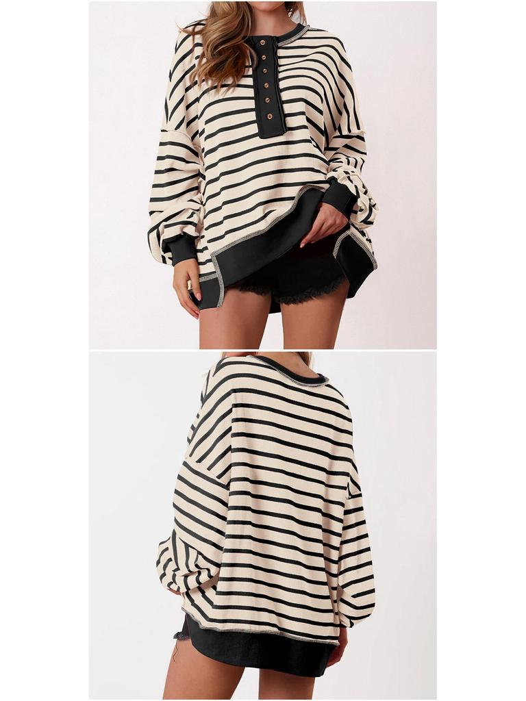 Color Block Long Sleeve Striped Button-Up Casual Sweater for Women - Autumn/Winter