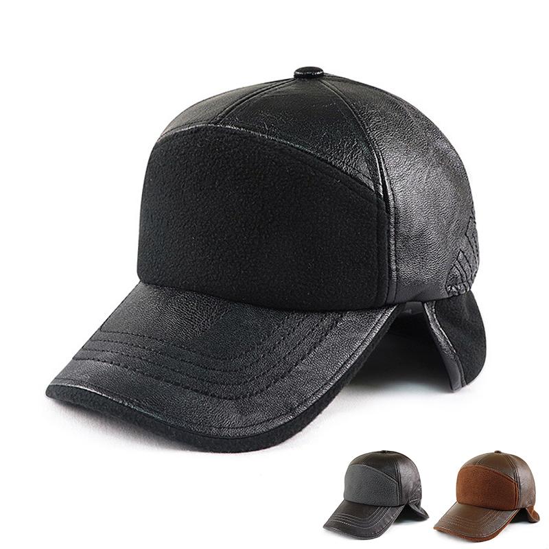 Winter Hat Men PU Leather Bomber Hat Women Warmth Hat with Brim Baseabll Cap for Male Fleece-Lined Earflap Cap Men Russian Cap