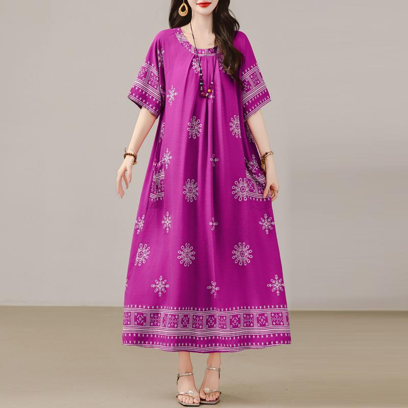 Women's Plus Size Maxi Dress, Boho Print Loose Short Sleeve Casual Dress with Pockets (XL-5XL)