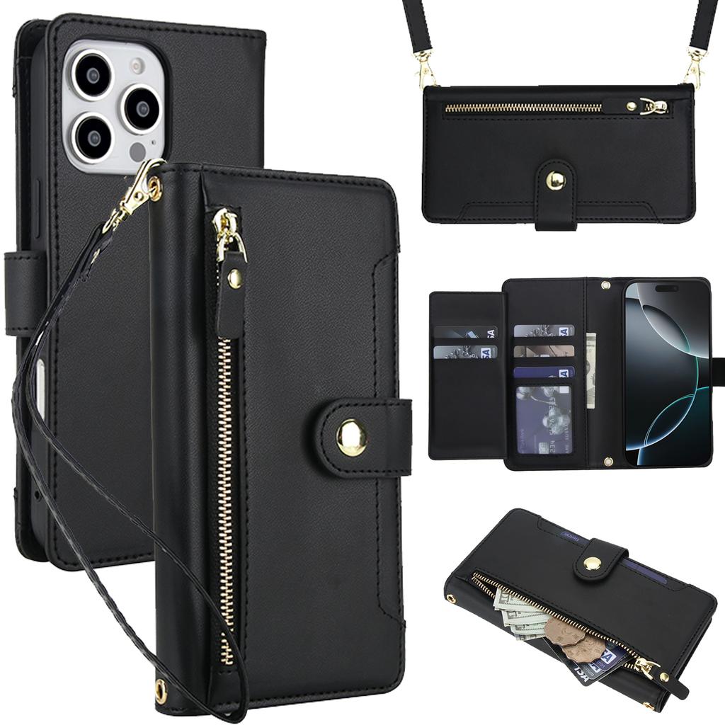 Zipper Leather Wallet Flip Case For iPhone 17 Pro Max 16 15 14 13 12 11 16E 16Plus Luxury RFID Stand Book Long Lanyard Bag Cover