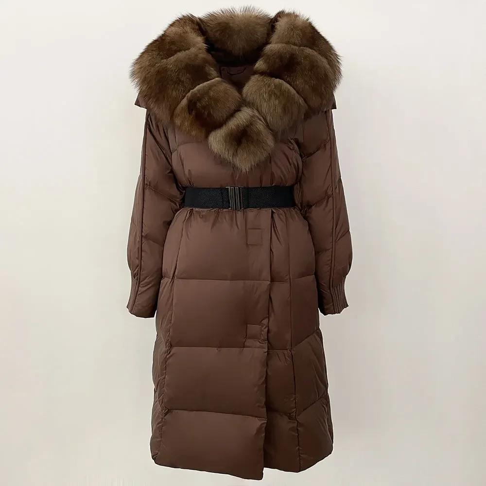 OFTBUY Winter Jacket Women Long Natural Real Raccoon Fox Fur Collar White Duck Down Coat Belt Thick Warm Casual Outerwear