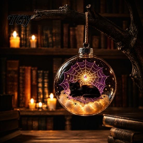 Spooky Pumpkin Ball Decor Halloween Clear Hanging Decoration, Glowing Sphere Ornament with Skeleton, Transparent Pumpkin, Spider Web, Black Cat Decor,