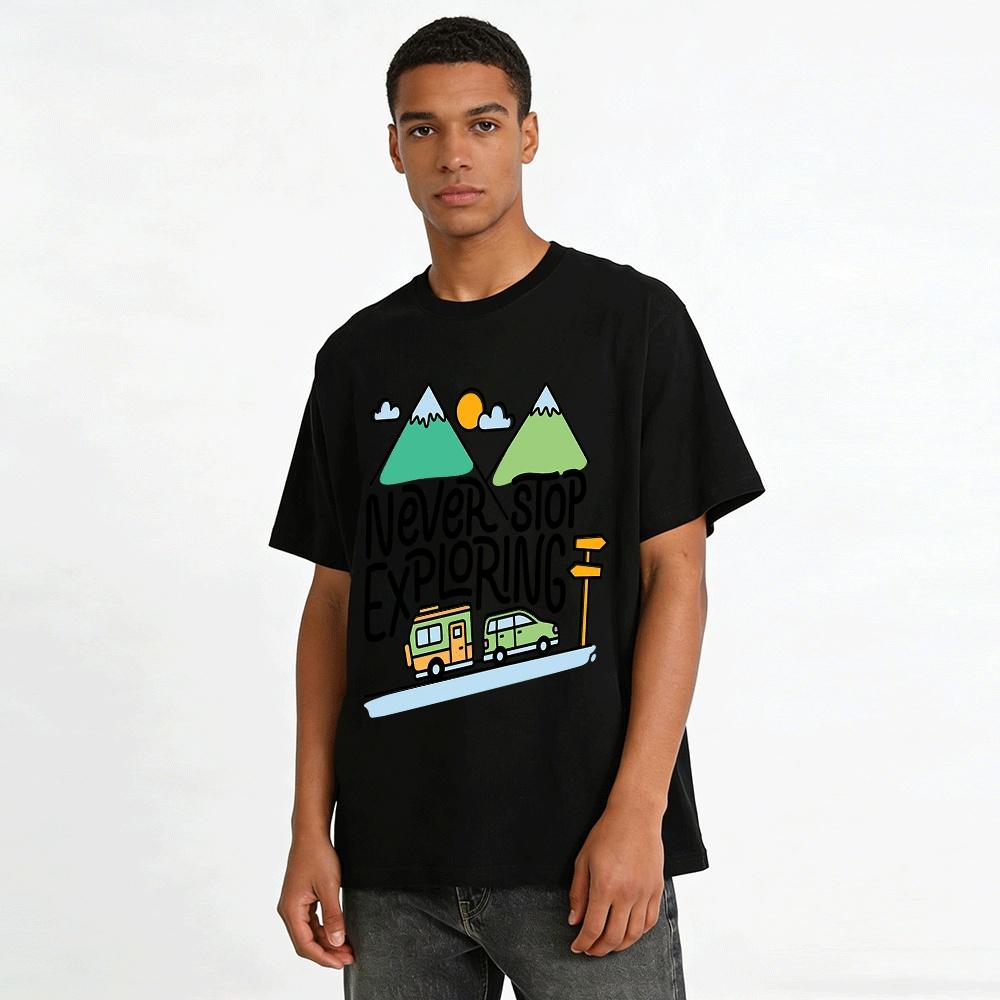 Never Stop Exploring Outdoor Camping Themed Graphic Tee Pure cotton T-shirt