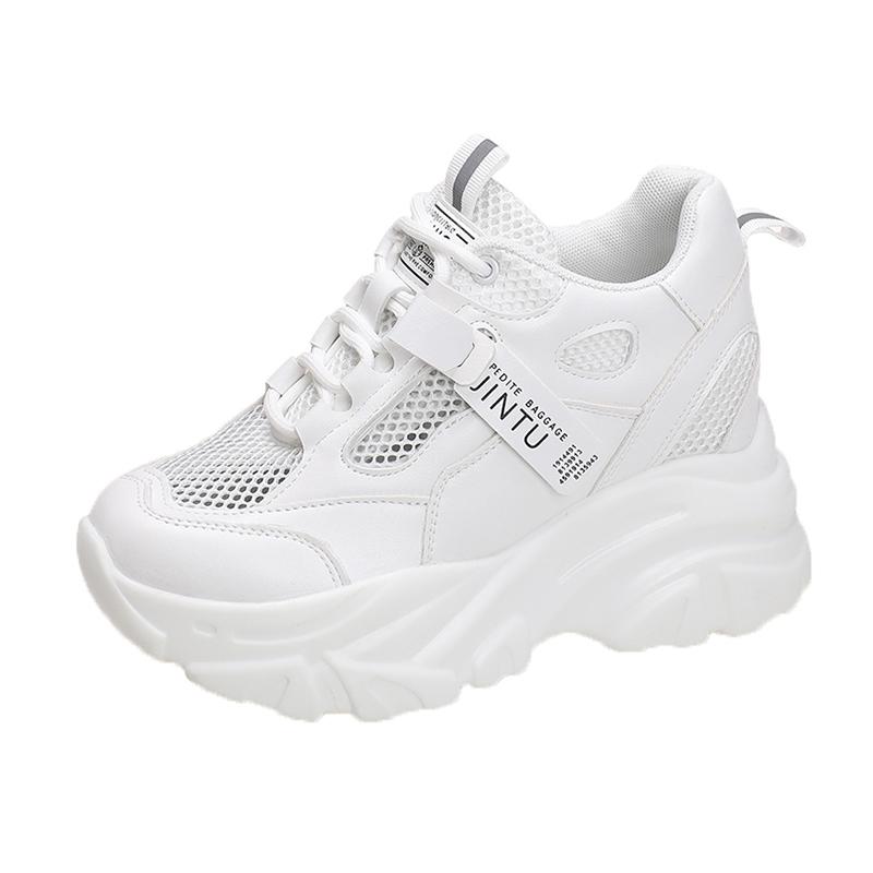 

Модные летние дышащие сетчатые кроссовки 9,5 см скрытые каблуки весенняя высокая платформа белые спортивные папины кроссовки танкетки повседневные массивные кроссовки 40 белый