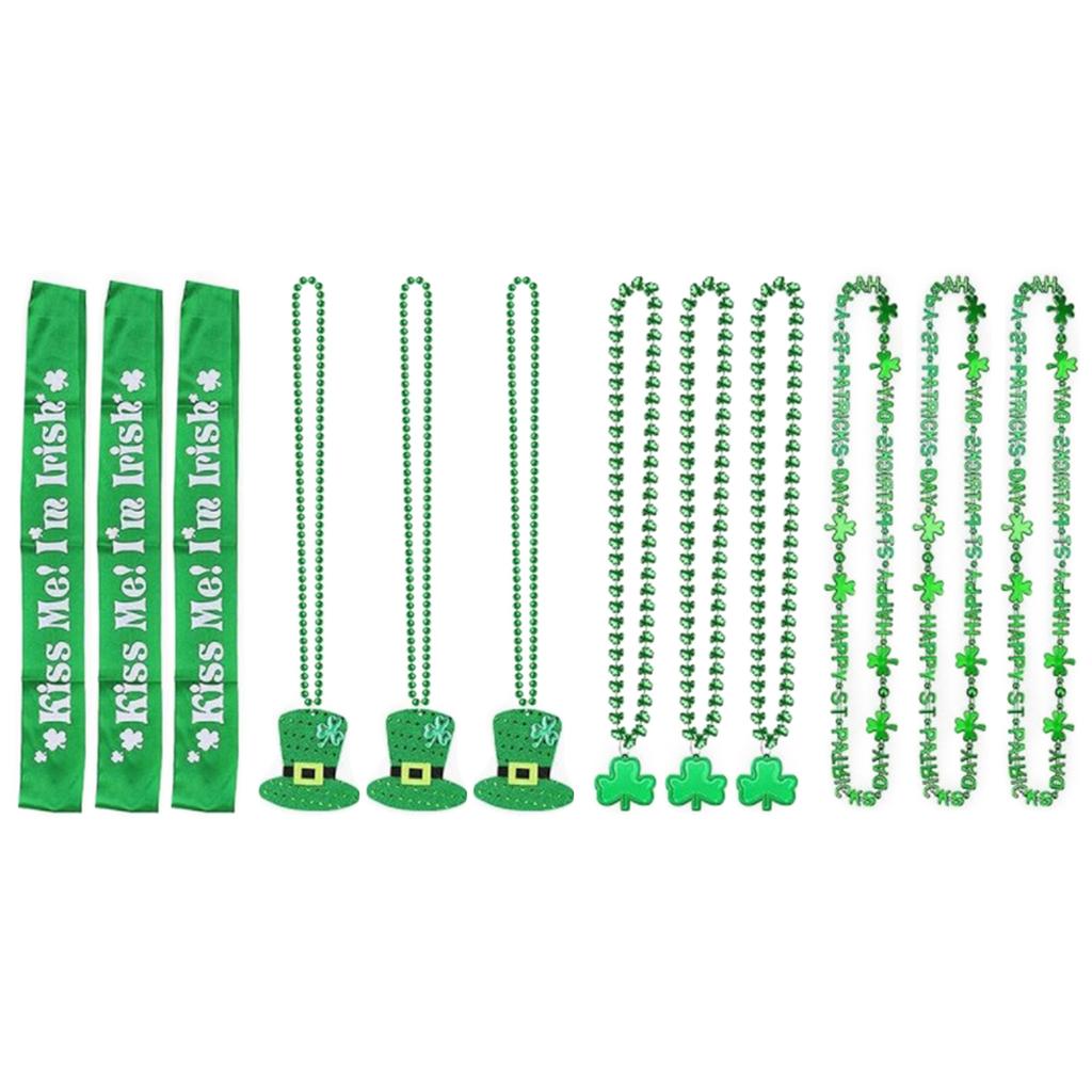 12x St. Patrick's Day Accessories Set Green Shamrock Beads Necklaces Irish Party Shoulder Straps for Costume Accessories
