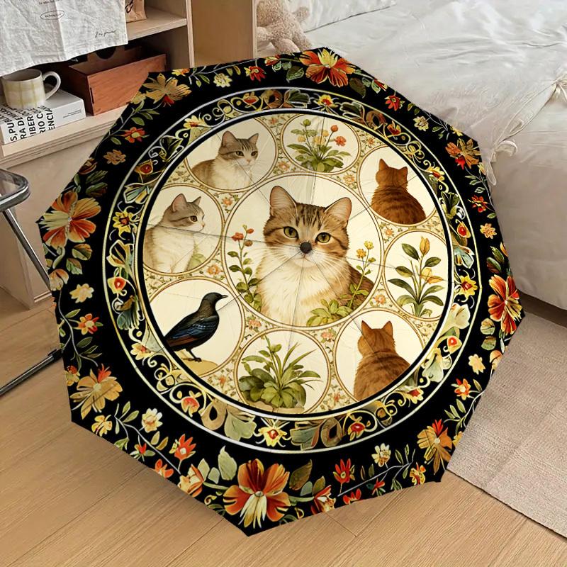 1PC Cats_flowers Umbrella-8-Rib Reinforced, Automatic Open, Lightweight & Durable, Cute Fashion Accessory for Outdoor, Beach or Casual Use, Beach Umbr