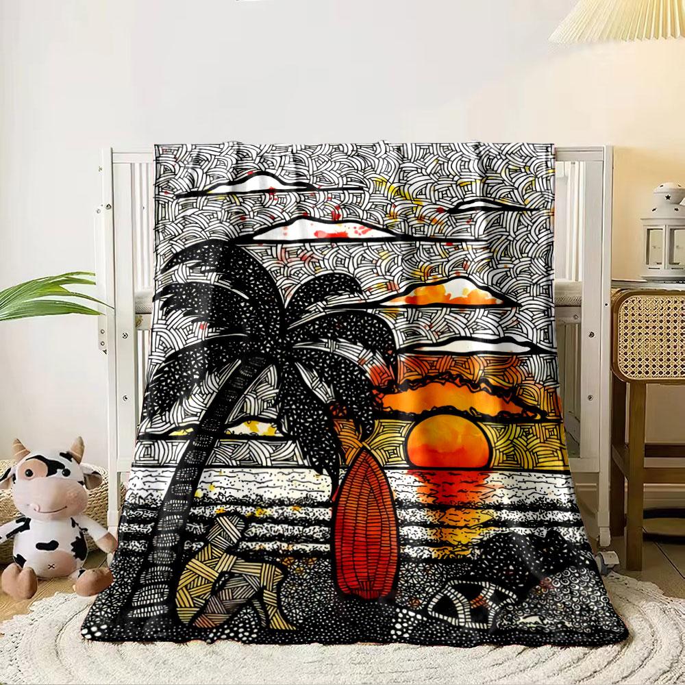 Colorful sunset with palm tree and intricate geometric patterns. for all seasons blanket lunch break throw gift 80cm x 120cm