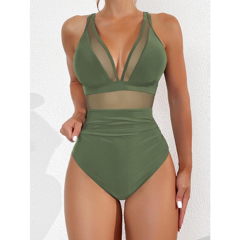 2026 New Bikini European and American Solid Color Mesh Halter Sexy Bikini One-piece Swimsuit Swimsuit