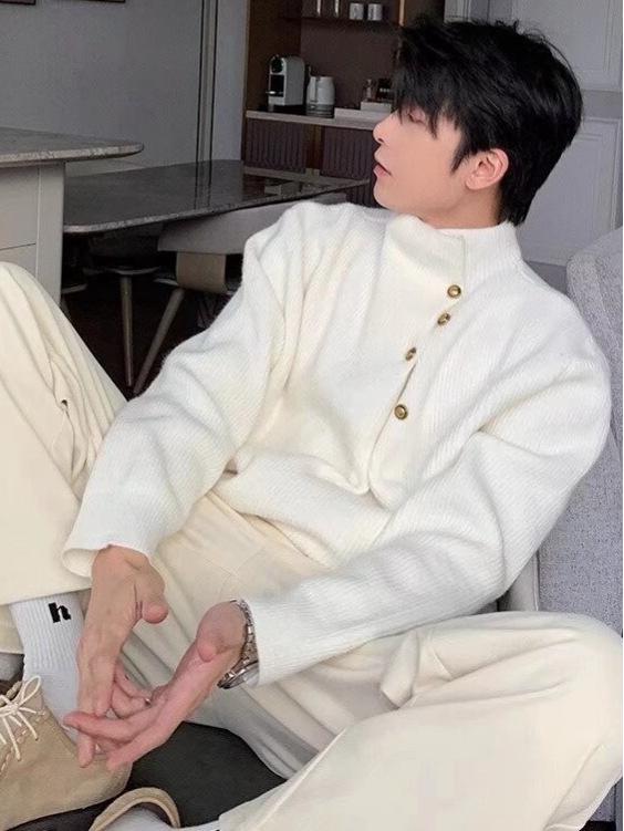 High Neck Solid Color Men's Sweater - Irregular Button Design, Youthful Loose Fit Knitwear