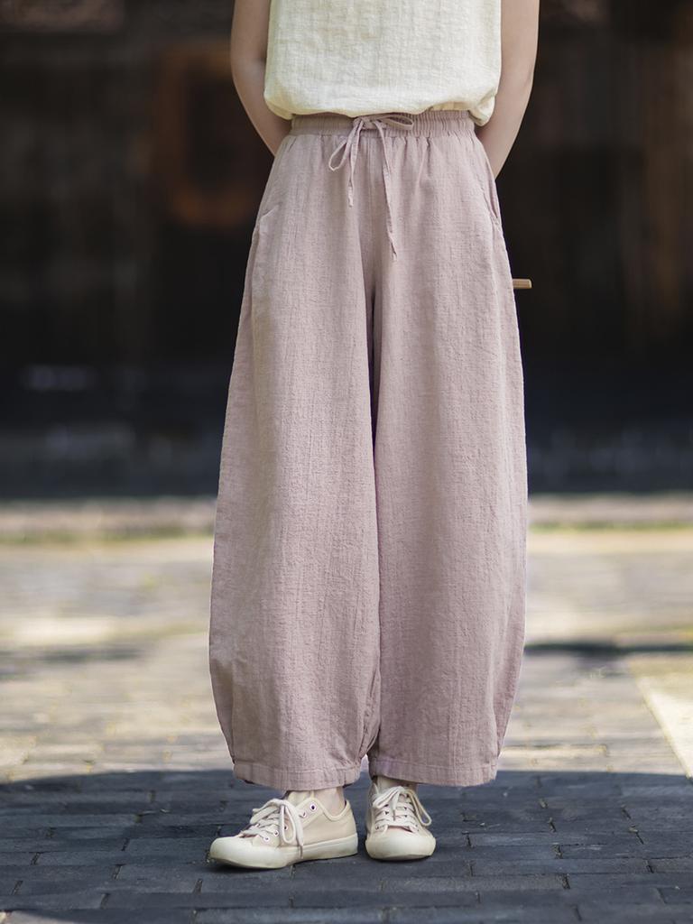 Johnature Women Vintage Bloomers Pants Summer Chinese Style Solid Color Trousers Pockets Soft Pants