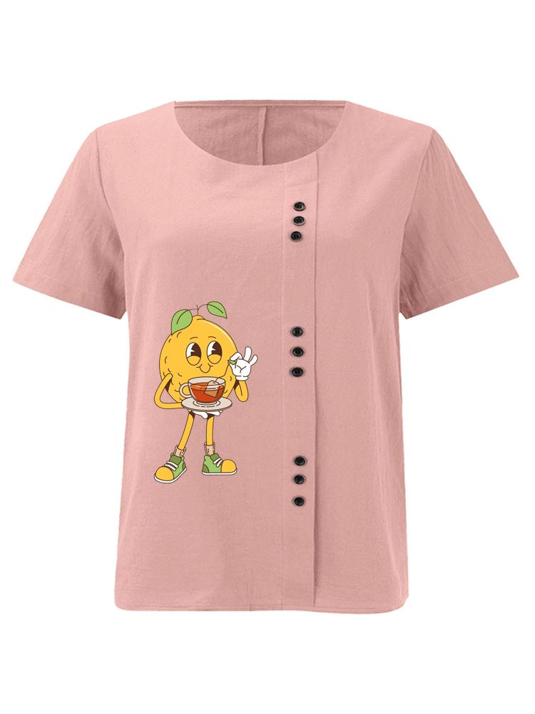 Женская Модная Гуманоидная Футболка с Принтом Лимонов, Короткий Рукав, Свободная Хлопковая Рубашка, Повседневная Свободная Летняя Блузка, Топы Больших Размеров S