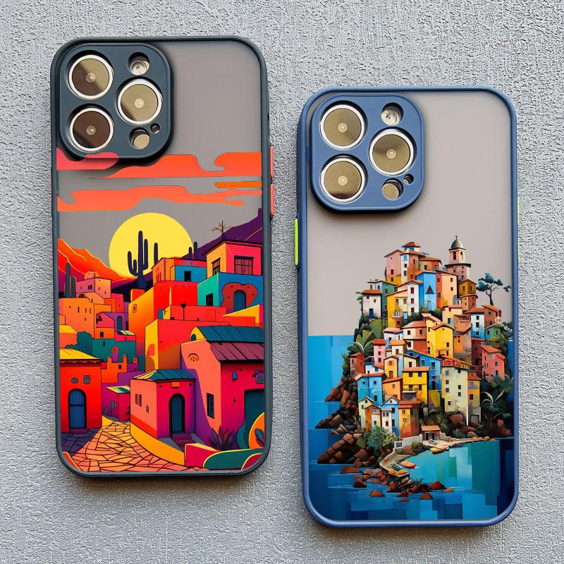 Urban Seaside Town Phone Case For iPhone 16 15 14 13 12 11 Pro Max Mini X XS XR SE 7 8 Plus Shockproof Matte Hard Cover Fundas