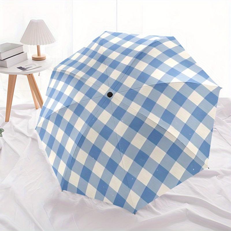 1pc Blue Checkered Pattern Automatic Open/Close Umbrella with One-Touch Button, Compact Folding Canopy, Sturdy 8-Rib Windproof Design -046