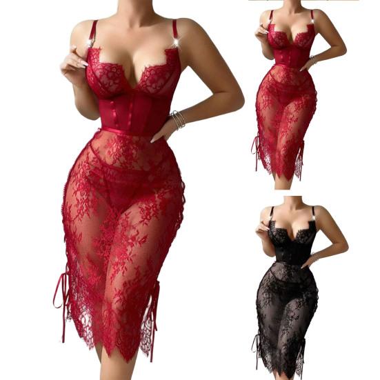 Sexy Lace Babydoll Dress for Women Sheer Mesh Chemise Sleepwear Side Split V Neck Nightgown for Honeymoon Anniversaries