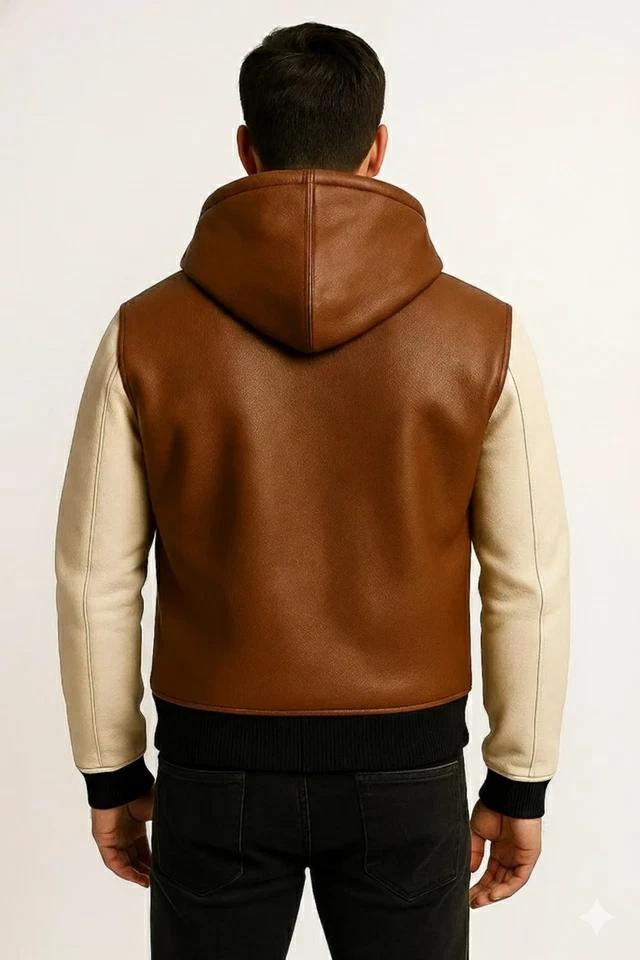 Classic Brown Men's Genuine Party Hoodie Handmade Biker Lambskin Leather Jacket