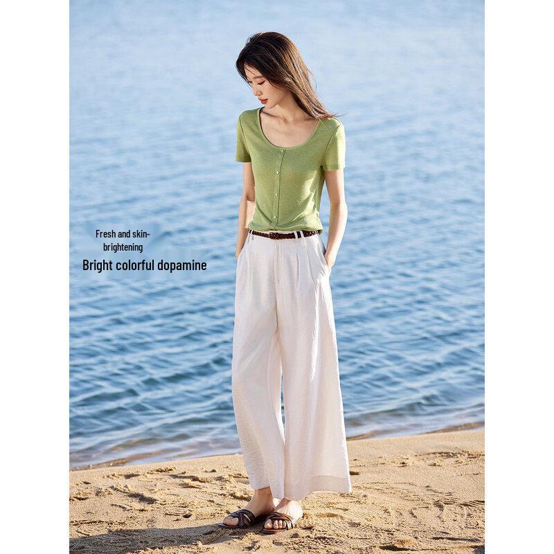 Damen quadratischer Ausschnitt elastisches Strick-Kurzarm-T-Shirt