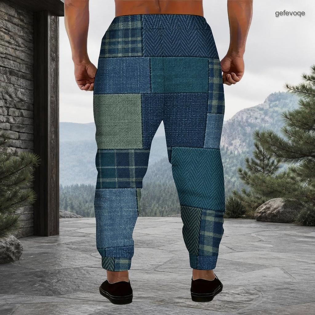 Men Plus Size Patchwork Printed Drawstring Waist Jogger Pants Side Pockets Cuffed Ankle Long Trousers