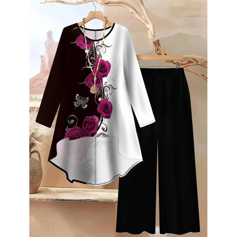 1116 Floral Print Suit Women's Long Sleeve Irregular Hoop Wide Leg Pants Casual Summer Large Size