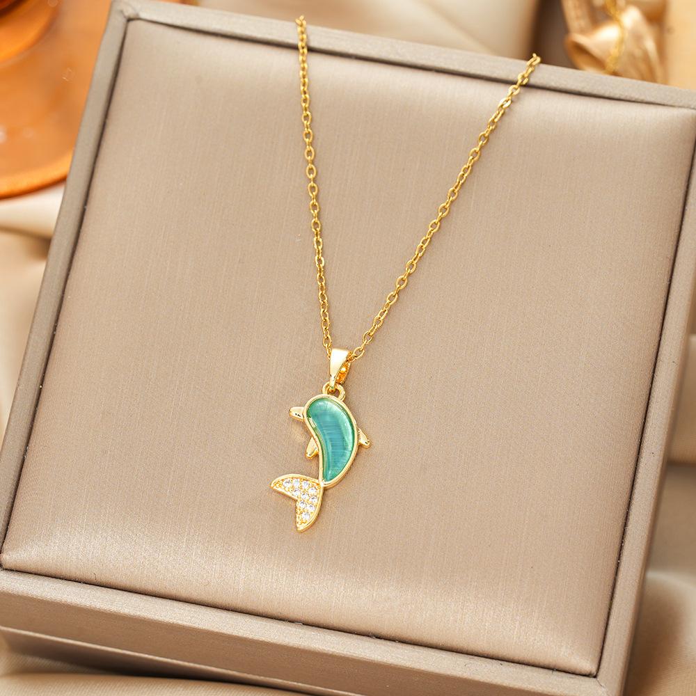 Simple and Unique Cat's Eye Stone Dolphin Pendant Necklace Cute Minimalist Collarbone Chain Versatile Accessory