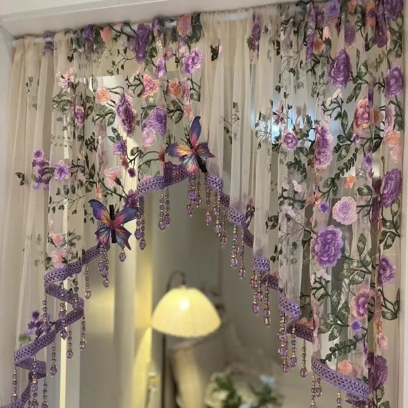 Luxury Country Embroidery Flower Lace Curtain for Kitchen Window Beaded Vintage Voile Farmhouse Triangle Small Curtain