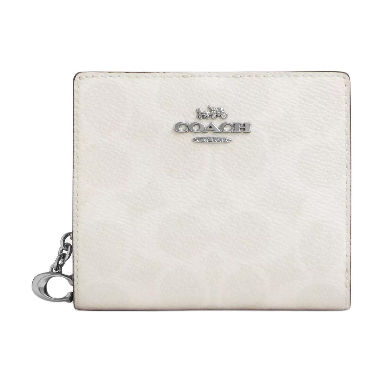 Coach Snap Wallet 10 Metal Logo Double Fold Design Leather Wallet Women Wallet Silver White Chalk CW789-SVXU5 Silver Patchwork White & Pink Chalk