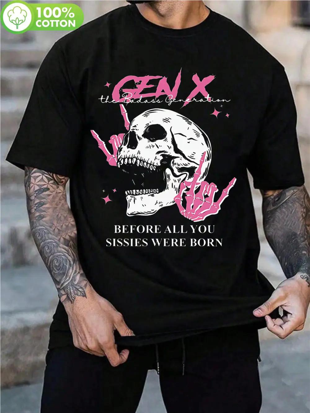

Gen X Rebel 180GSM Cotton T-shirt - Black Edgy Skeleton & Stars Graphic Tee with Pink Accents M