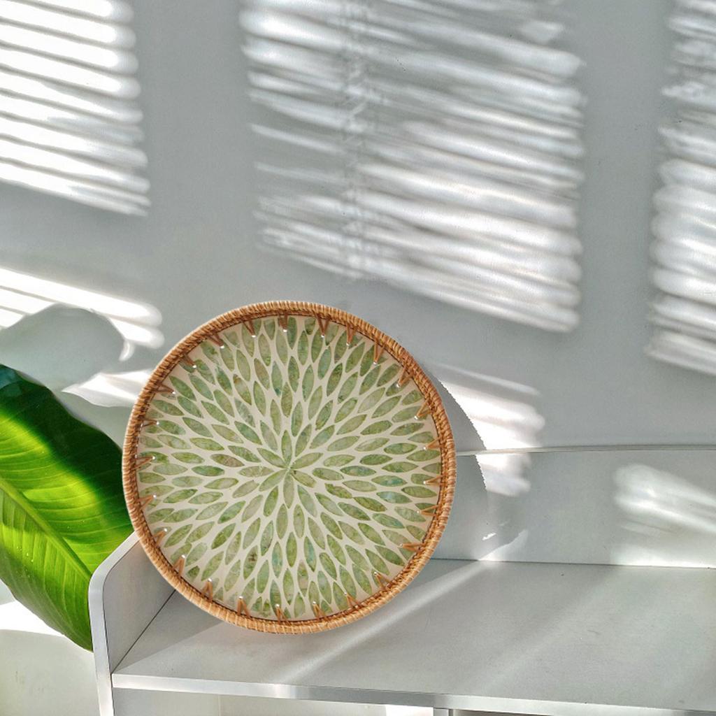 Round Rattan Tray Rattan Tray Green Small Leaves Wooden Base Decorative Wicker Basket For Table Decoration Fruit Tray