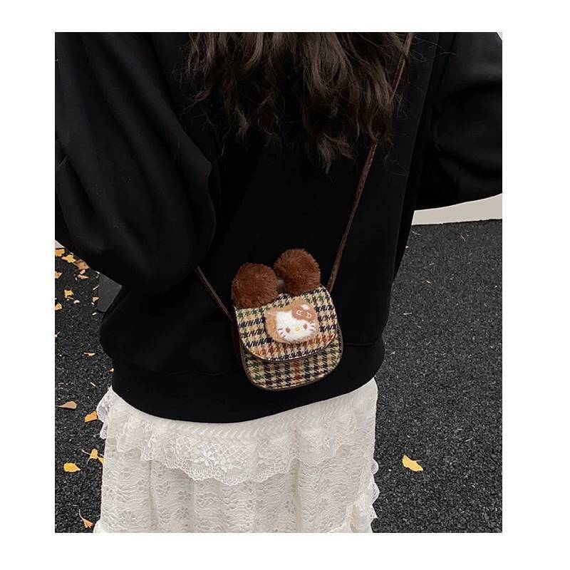 Hello Kitty Single Shoulder Bag With Retro Plaid Design For Daily Use