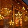 1/2PC Solar Star Moon Curtain String Lights Warm White 8 Modes Hanging LED Fairy Lamp for Festival Party Christmas Ramadan Decor