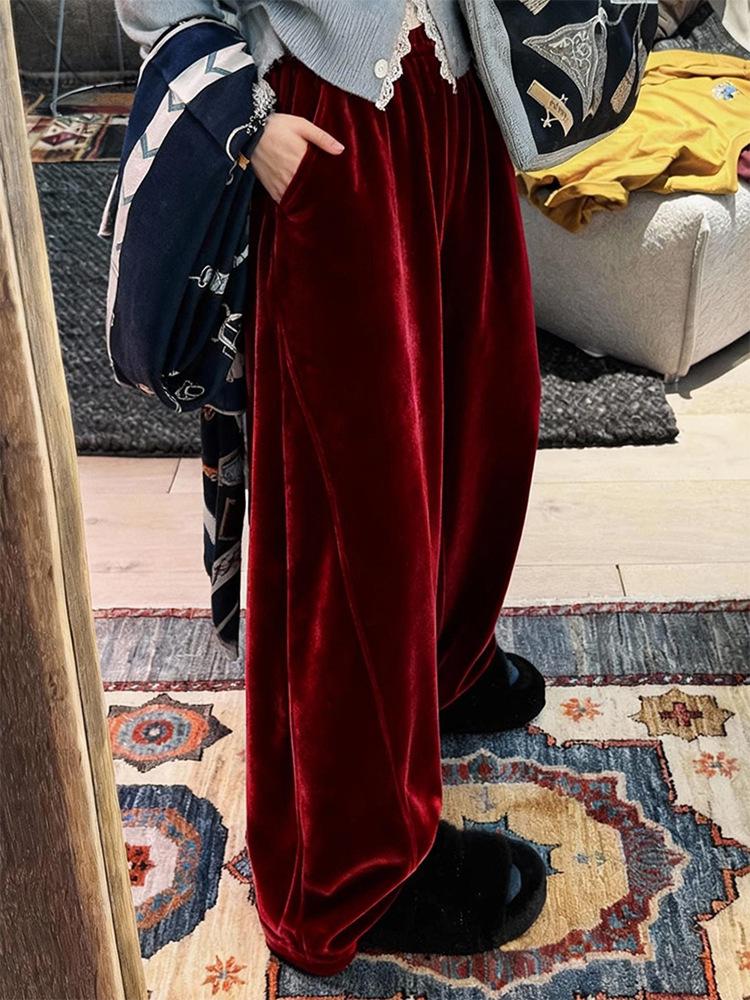 Übergröße Europäischer Stil Weinrot Samt Hohe Taille Weites Bein Hose
