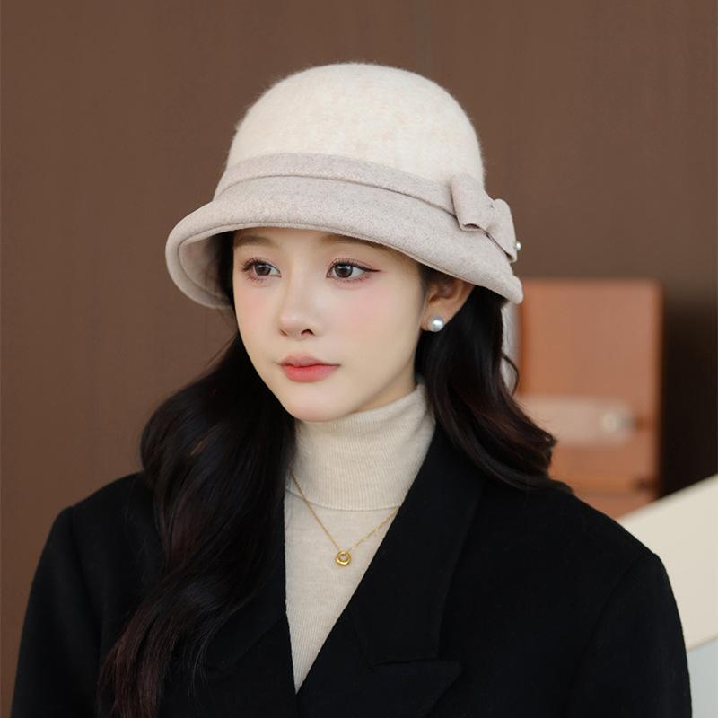 New Woolen Top Hat Bucket Hat Women's Retro Bow Fisherman Hat Autumn and Winter Elegant Basin Hat