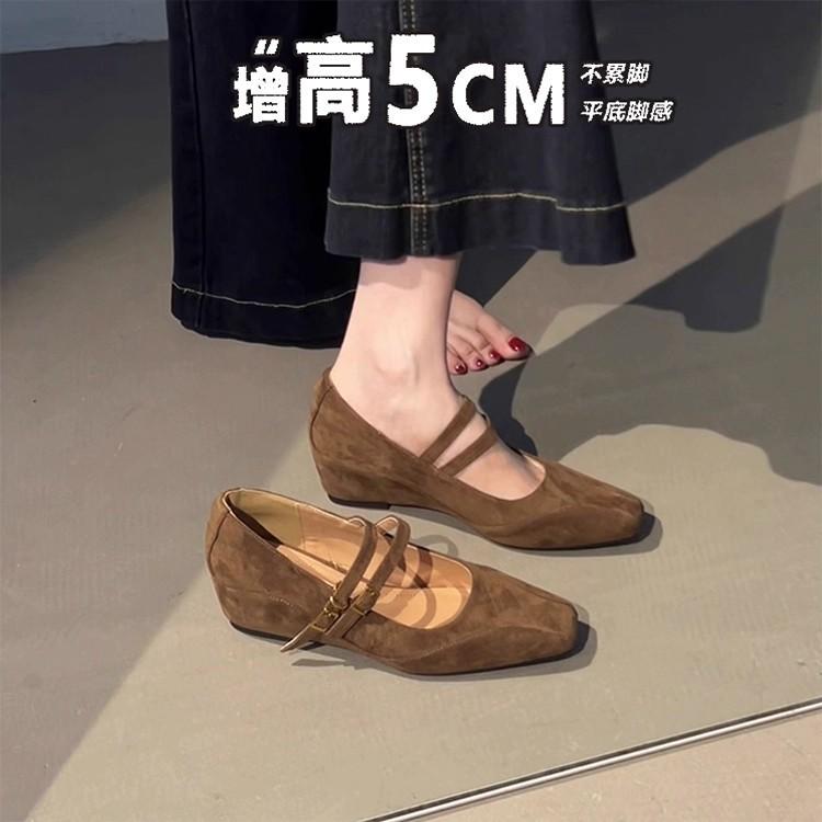 Sheepskin version~ Retro inner height increase square head single shoes one-word buckle commuting temperament French slope heel Mary Jane shoes women