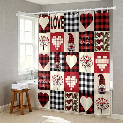 1pc Fabric Splicing Valentine's Day Love Print Waterproof Privacy Shower Curtain with 12 Hooks, Multiple Sizes, Easy To Instal