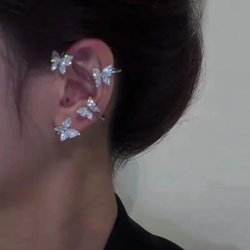 Silver Plated Metal Butterfly Clip Earrings for Women Ear Clips Without Piercing Sparkling Zircon Ear Cuff Fashion Jewelry