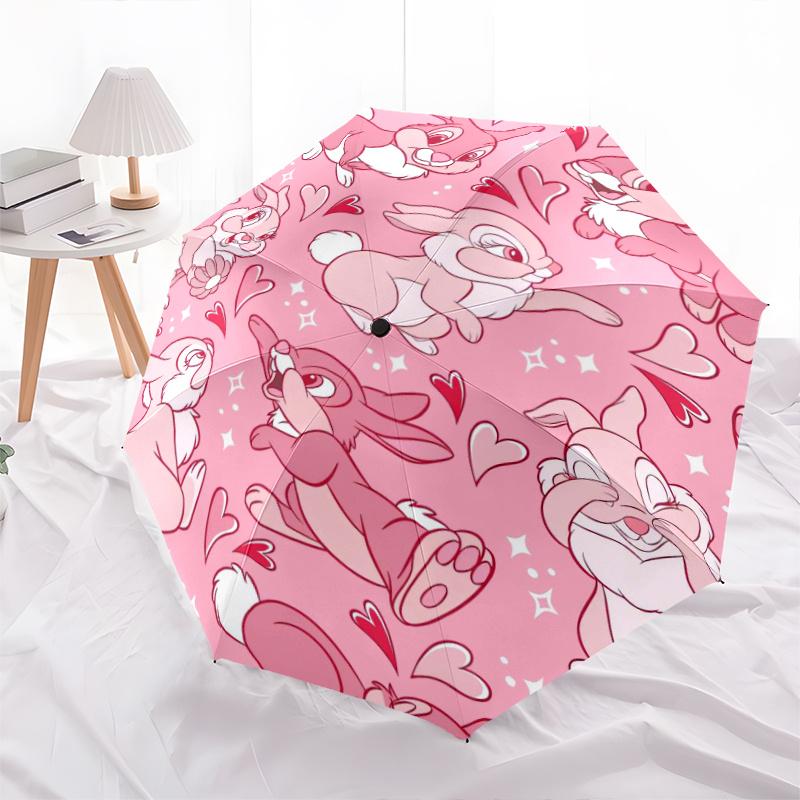 Pink Bunny Love Heart Automatic Opening and Closing Umbrella - Small Umbrella Suitable for Various Occasions, Portable 3-Fold Small Umbrella