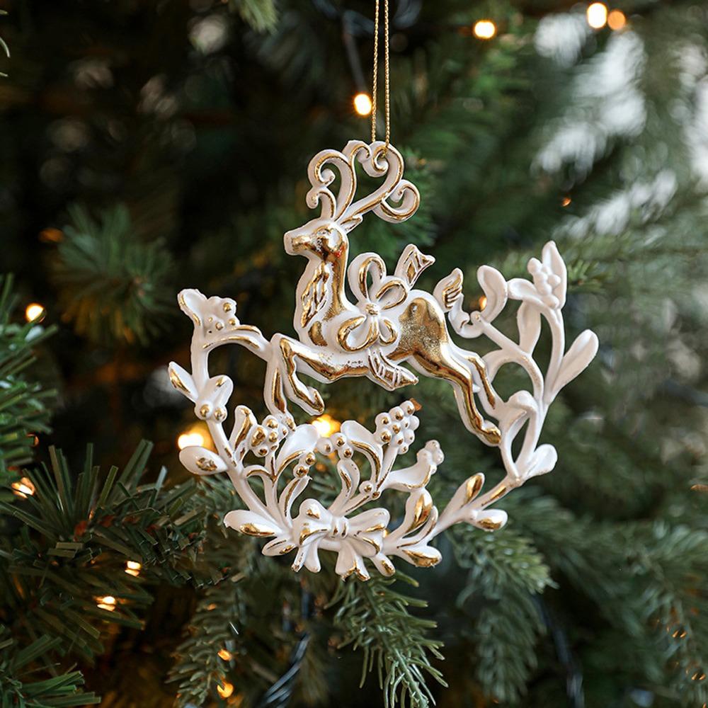 Elk Snowflake Pendant White Gold Christmas Hanging Ornament  Home Decoration