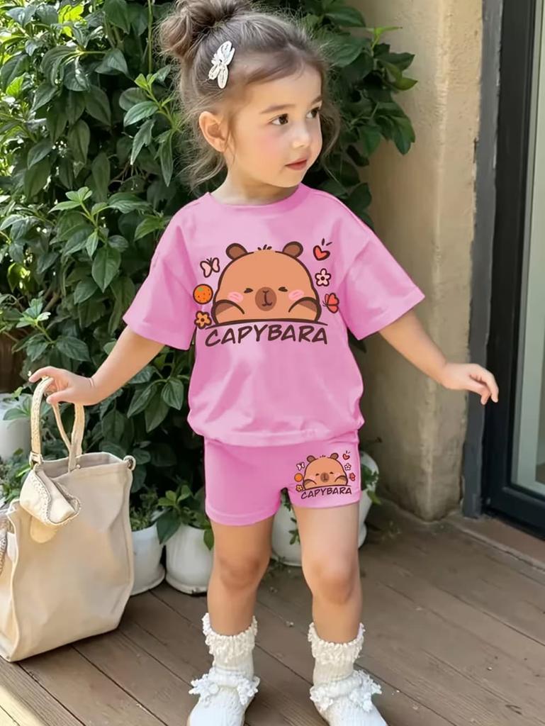 Girls Summer 2 Piece Set Cute Capybara Animal Print Short Sleeve Top And Shorts Casual Outfit For Kids Daily Wear