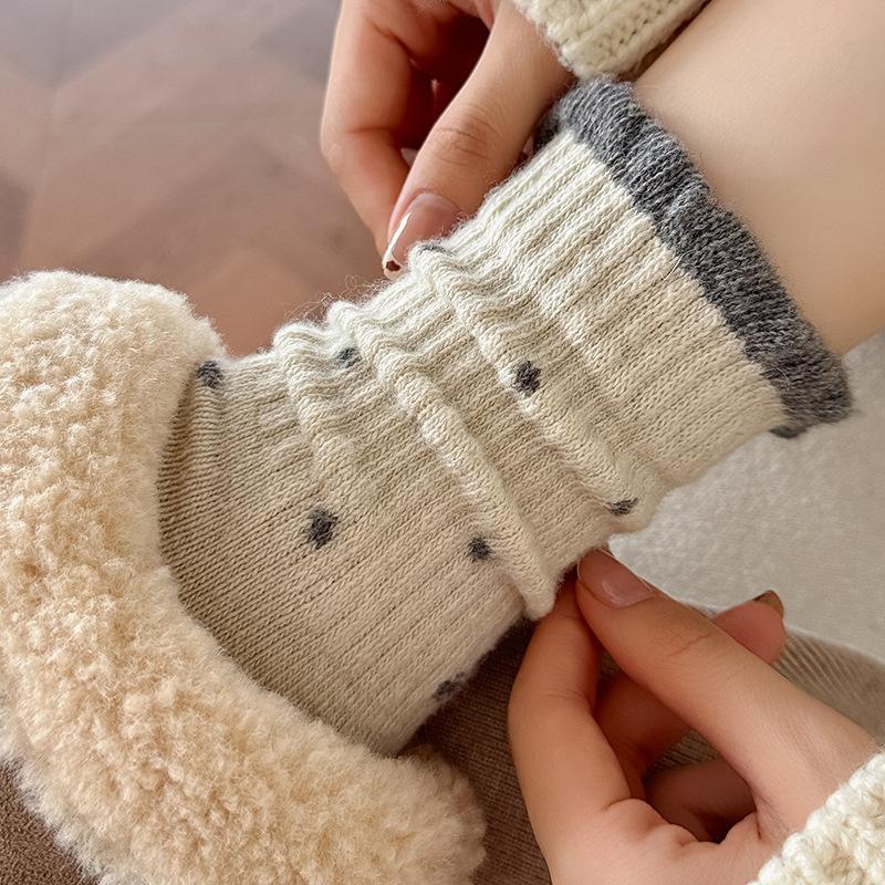 Polka Dot Wool Socks Children'S Stacking Socks Season Warm Retro Color Matching Lace Winter Velvet Thickened Stacking Socks