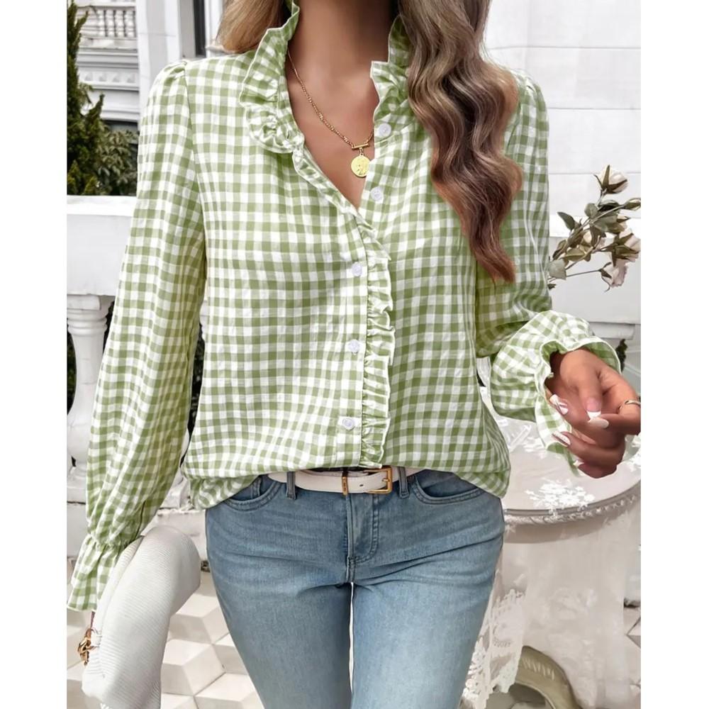 Fungus Edge Stand Collar Plaid Long-sleeved Shirt Women Spring Summer Casual Loose Single-breasted Female Versatile Shirt Tops