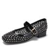 Fashion Crystal Studded Mesh Breathable Shoes Fashion Square Head Shallow Mouth Mary Jane Shoes Elegant Office Ladies Low Heel Pumps